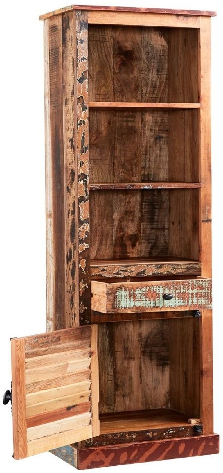 Diu Reclaimed Wood Narrow Bookcase with Cupboard