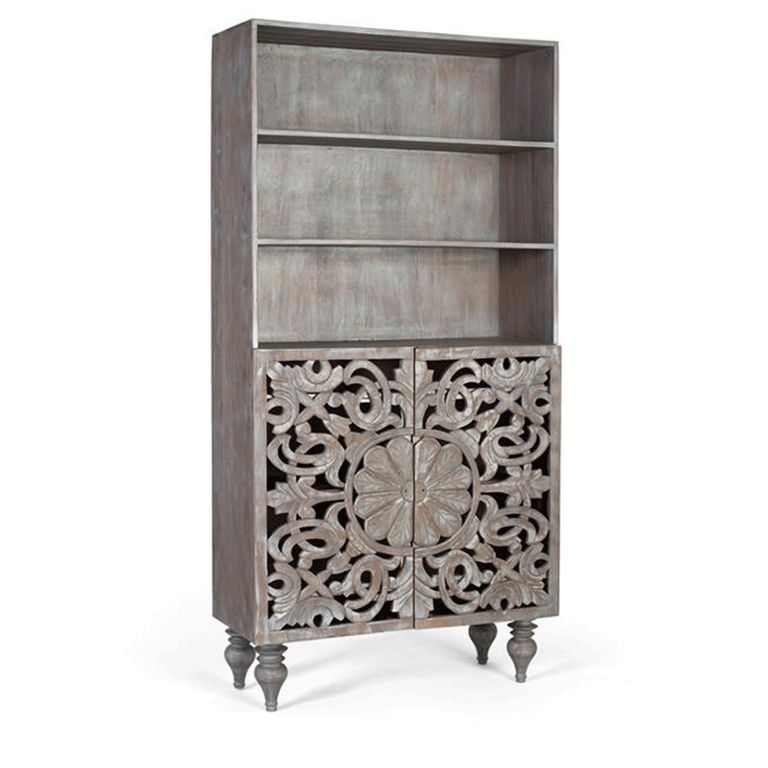 Edith Bookcase - Grey Carved Mango Wood - with Cupboard