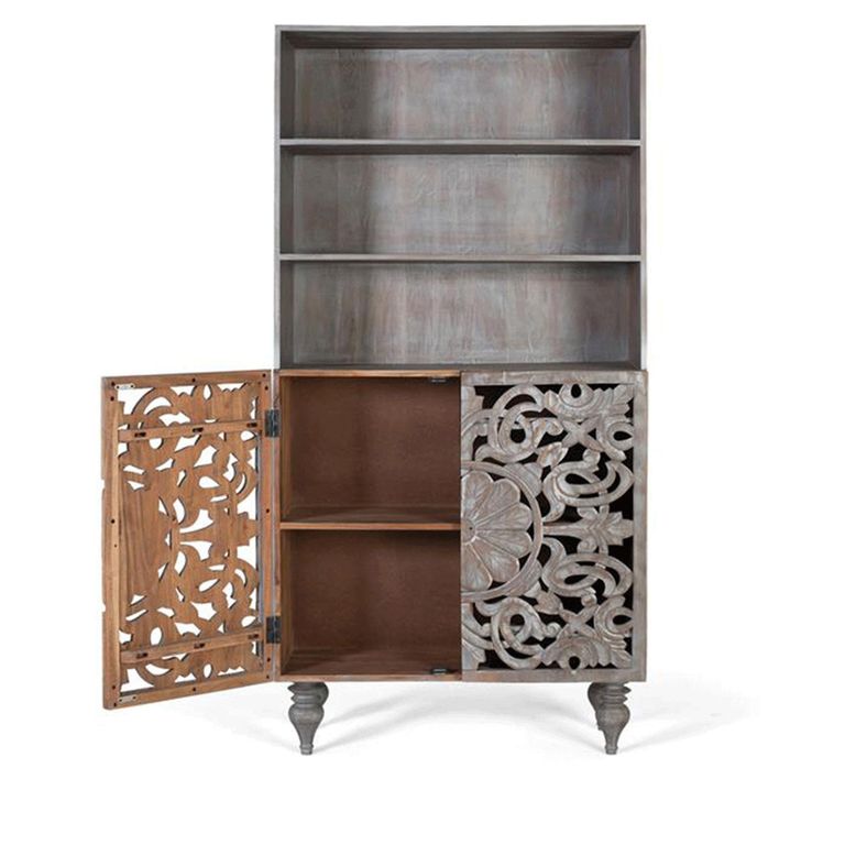 Edith Bookcase - Grey Carved Mango Wood - with Cupboard