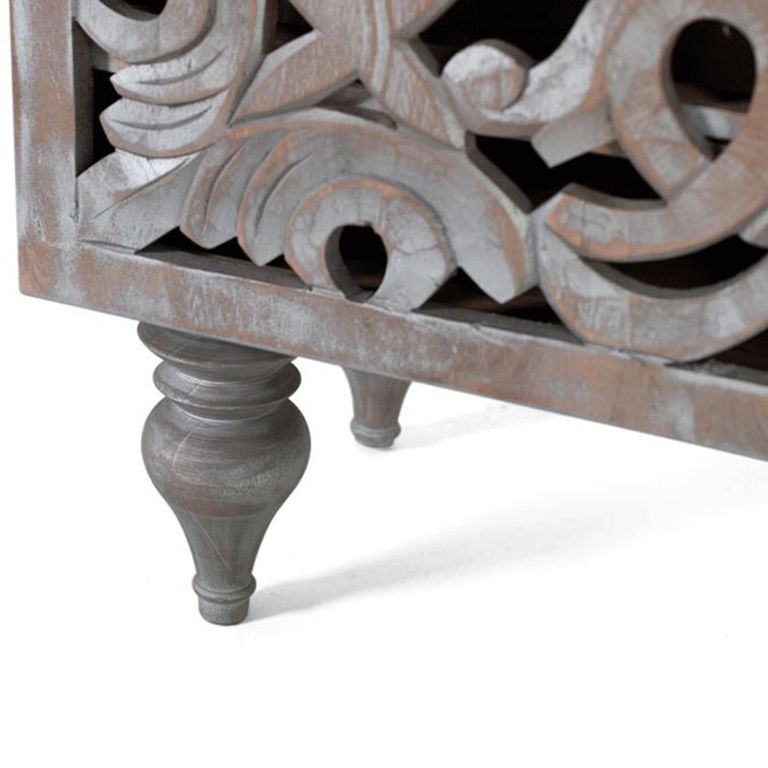 Edith Bookcase - Grey Carved Mango Wood - with Cupboard