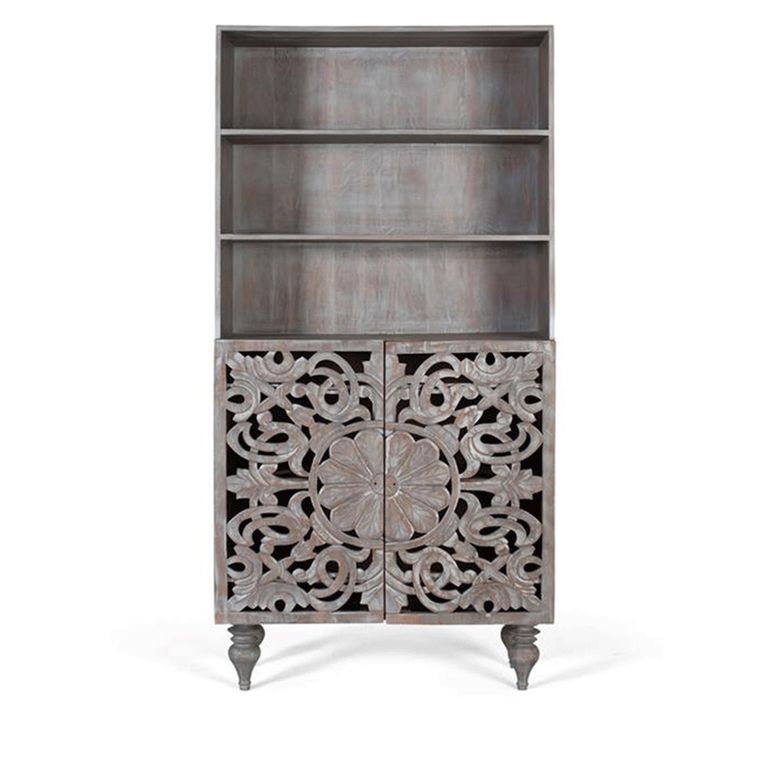 Edith Bookcase - Grey Carved Mango Wood - with Cupboard