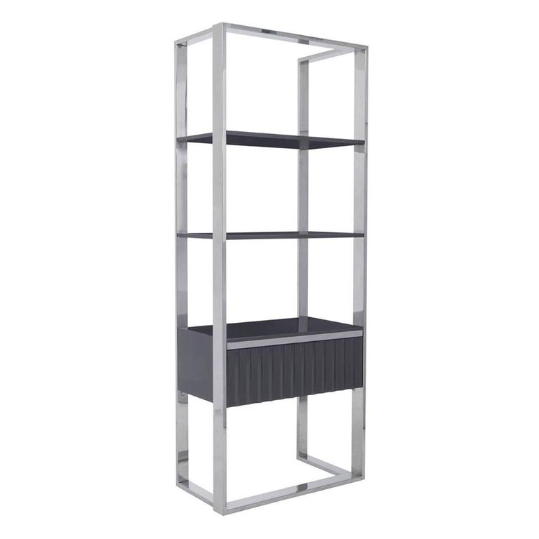 Genoa Shelving Unit - 1 Drawer - Open - Fluted Grey High Gloss and Metal