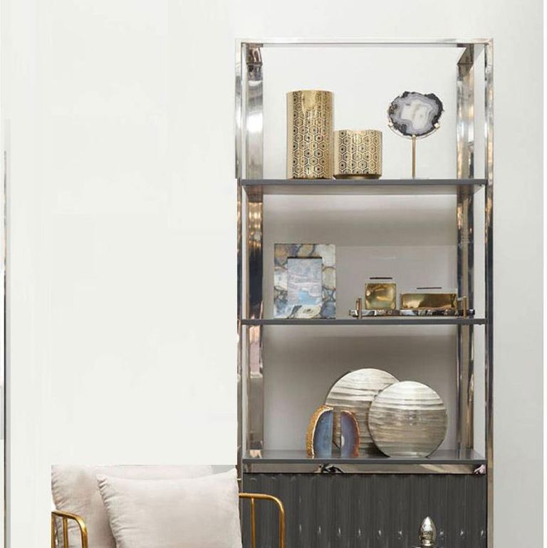 Genoa Shelving Unit - 1 Drawer - Open - Fluted Grey High Gloss and Metal