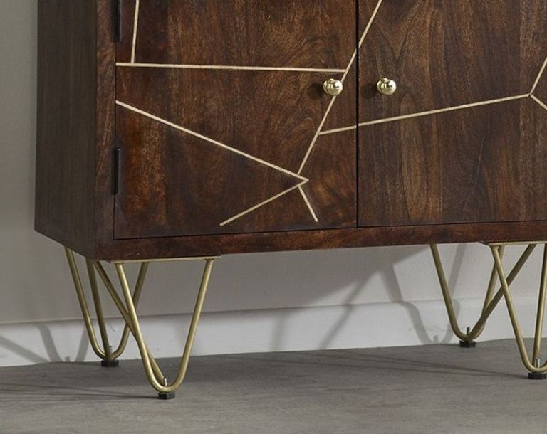 Kaza Dark Mango Wood Bookcase - Hairpin Legs with Gold Geometric Inlay