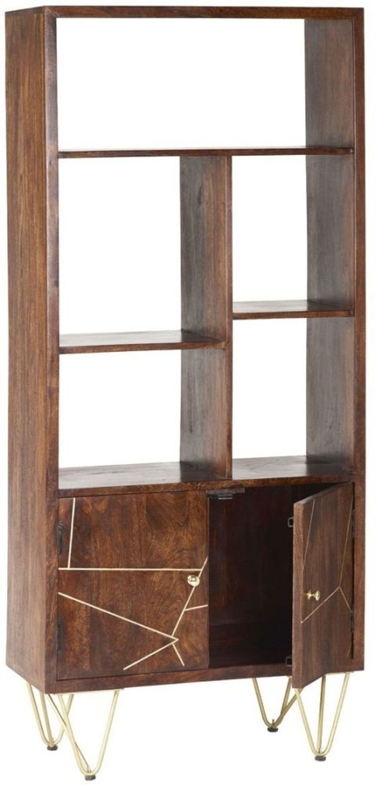 Kaza Dark Mango Wood Bookcase - Hairpin Legs with Gold Geometric Inlay