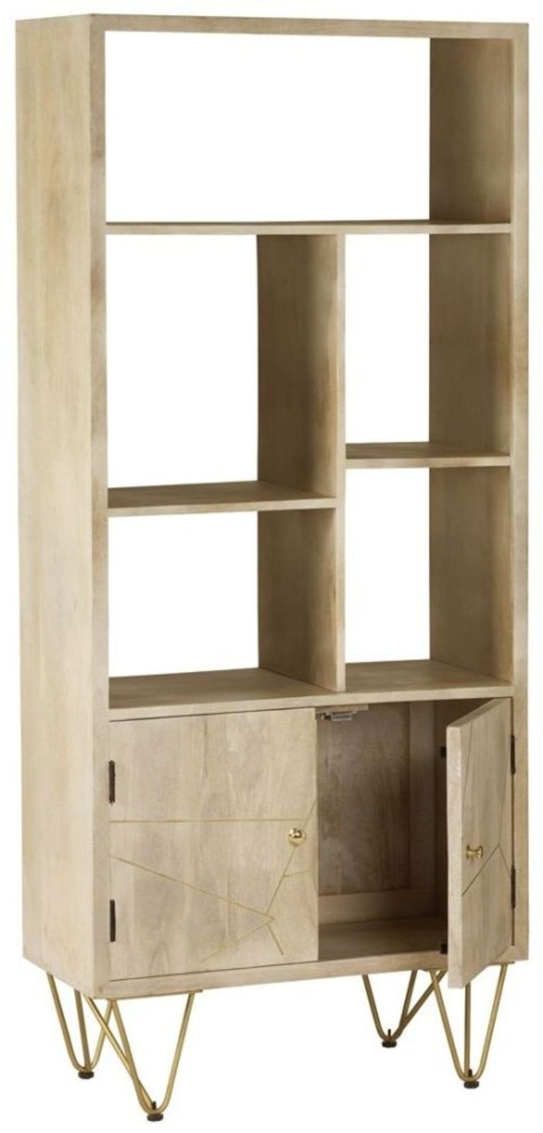 Kaza Light Mango Wood Bookcase - Hairpin Legs with Gold Geomatric Inlay