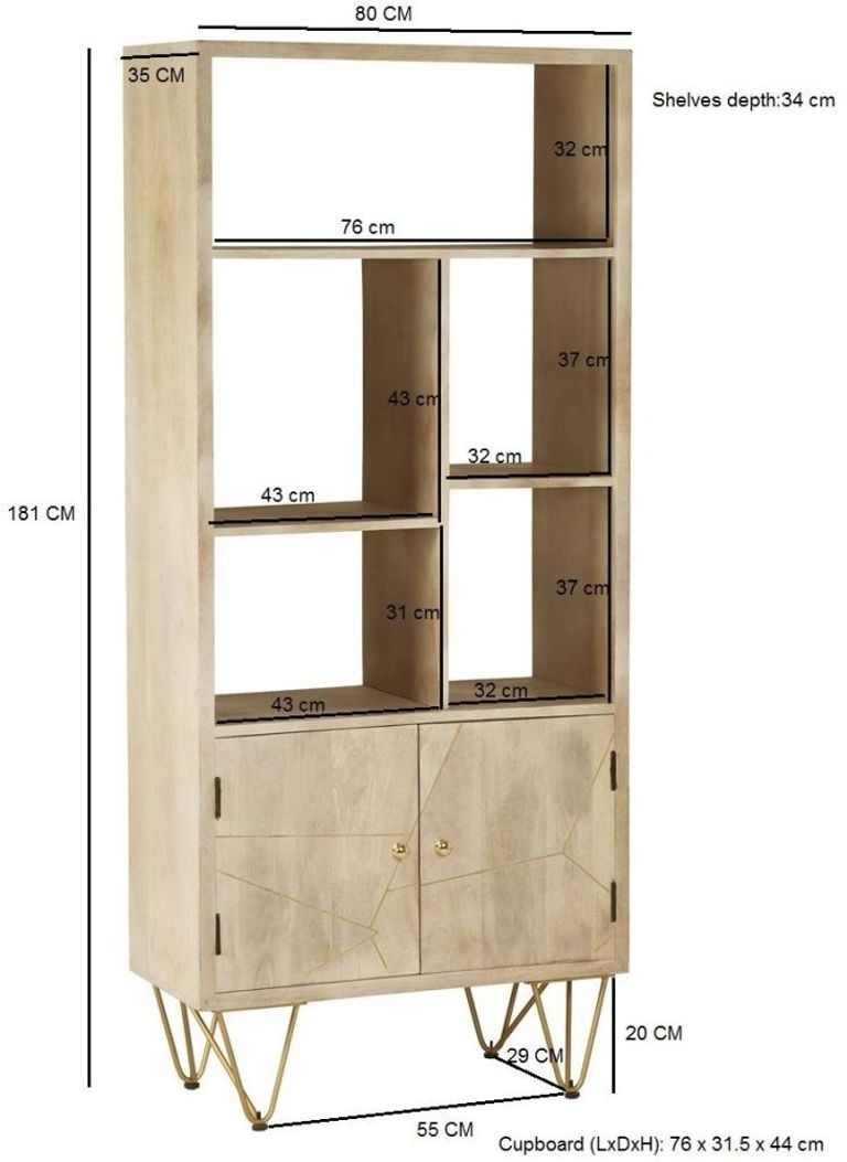 Kaza Light Mango Wood Bookcase - Hairpin Legs with Gold Geomatric Inlay