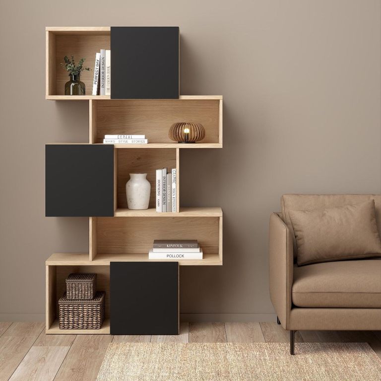 Maze Oak and Black Asymmetrical Design Bookcase