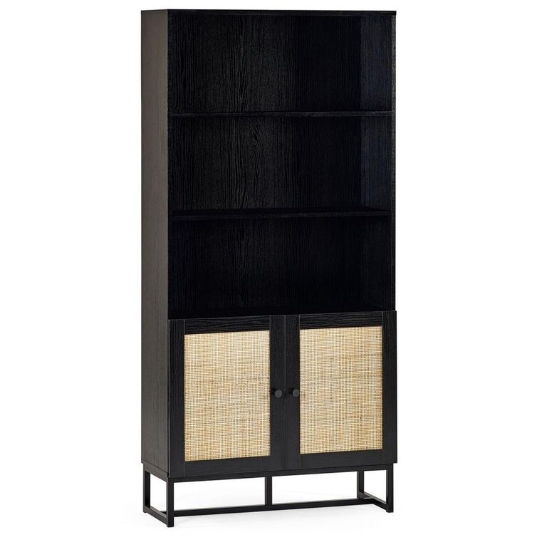 Padstow Bookcase - Black and Rattan