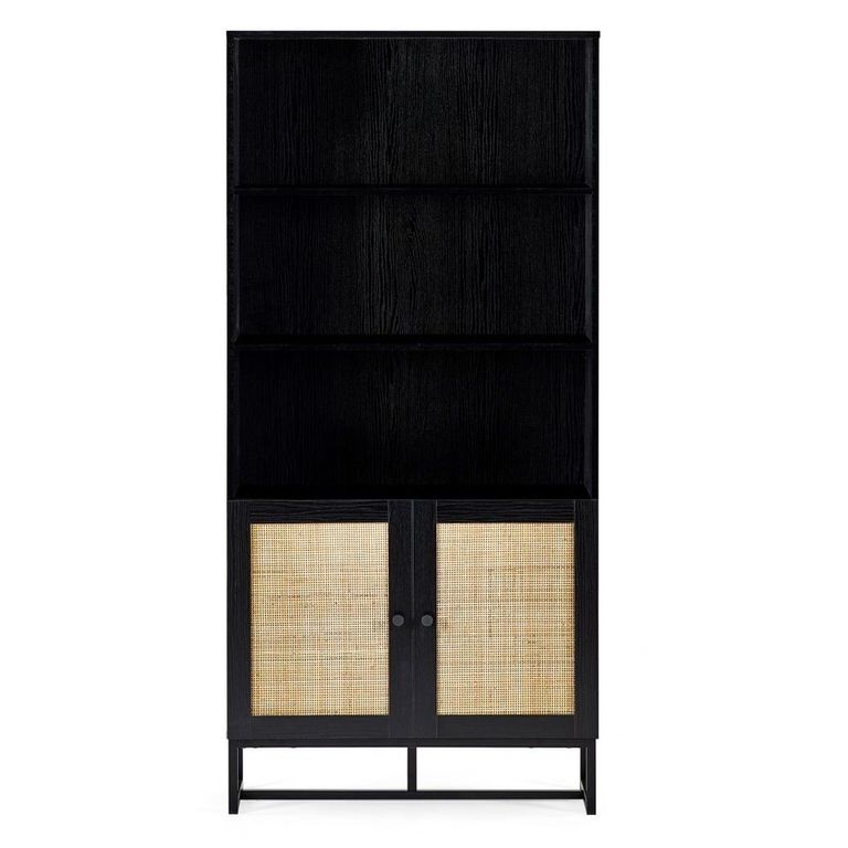 Padstow Bookcase - Black and Rattan