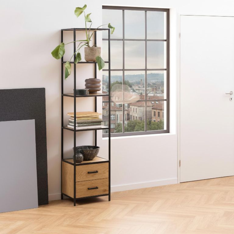 Seaford Display Cabinet - 2 Door - Oak and Black Metal