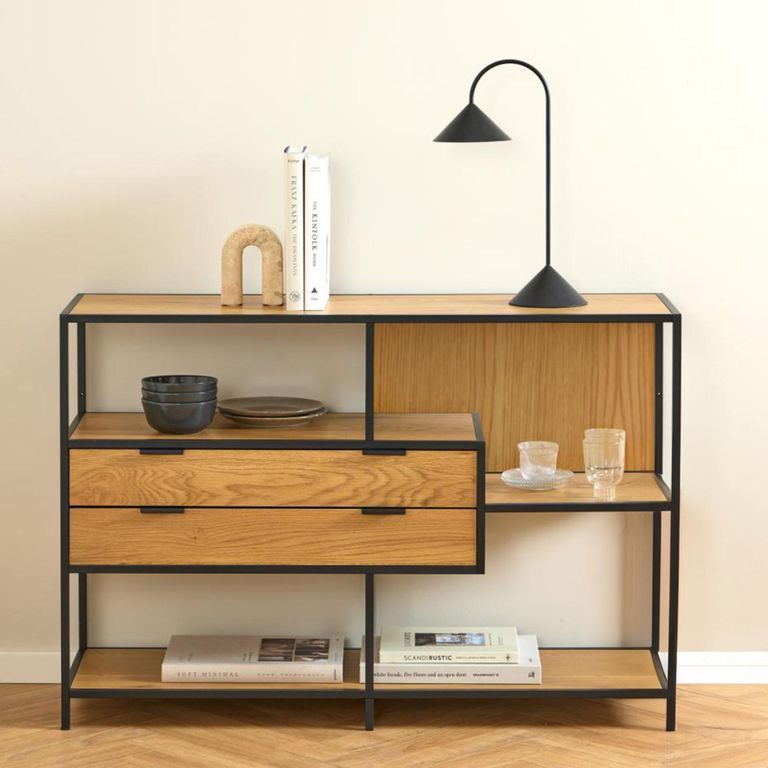 Seaford Shelving Unit - 2 Drawer - Oak and Black Metal
