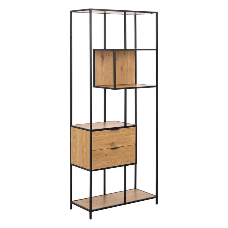Seaford Shelving Unit - 2 Drawer - Tall - Oak and Black Metal
