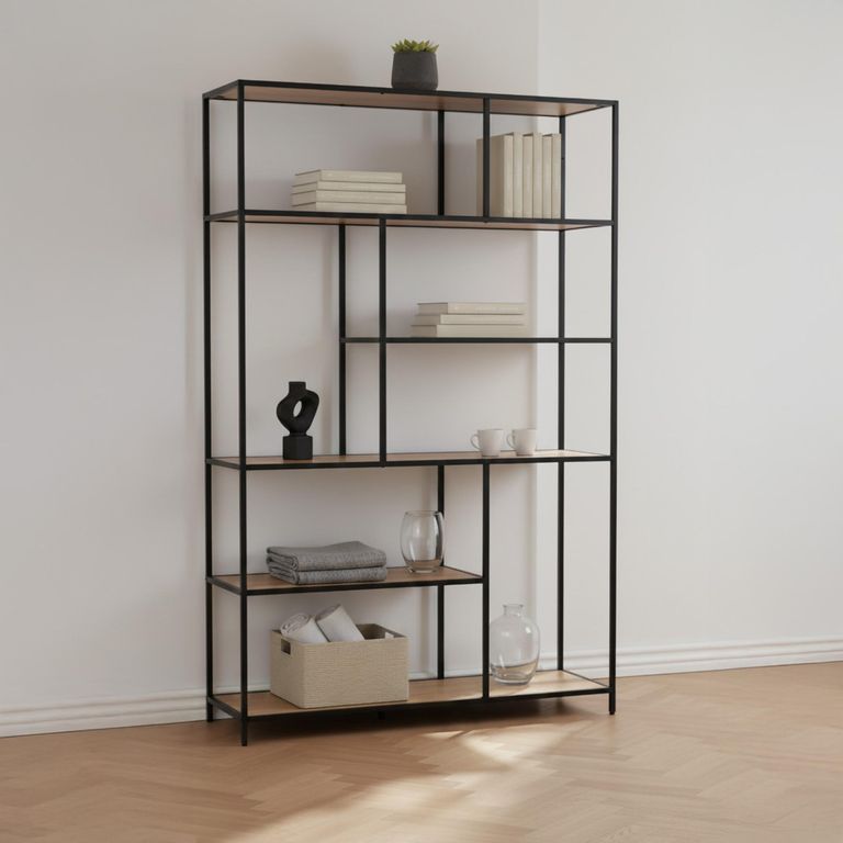 Seaford Shelving Unit - Wide Open - Oak and Black Metal