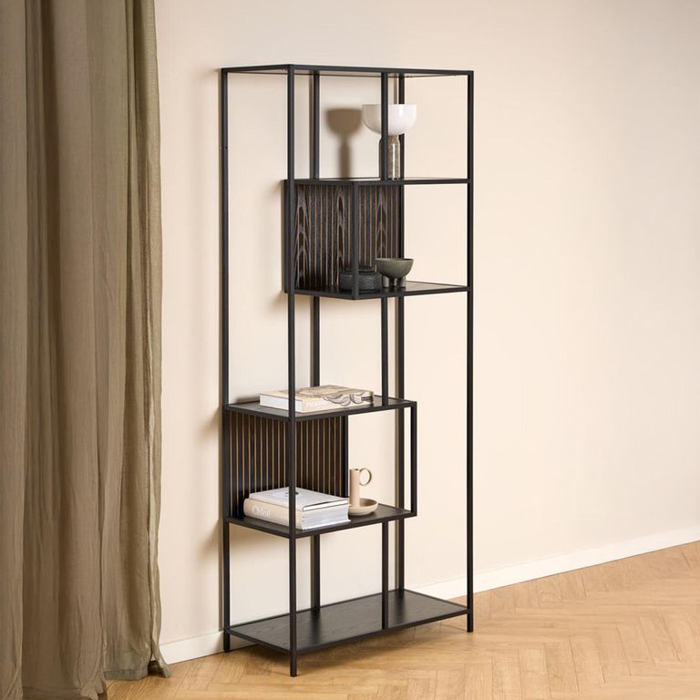 Seaford Shelving Unit - Tall - Slatted - Black Melamine and Metal