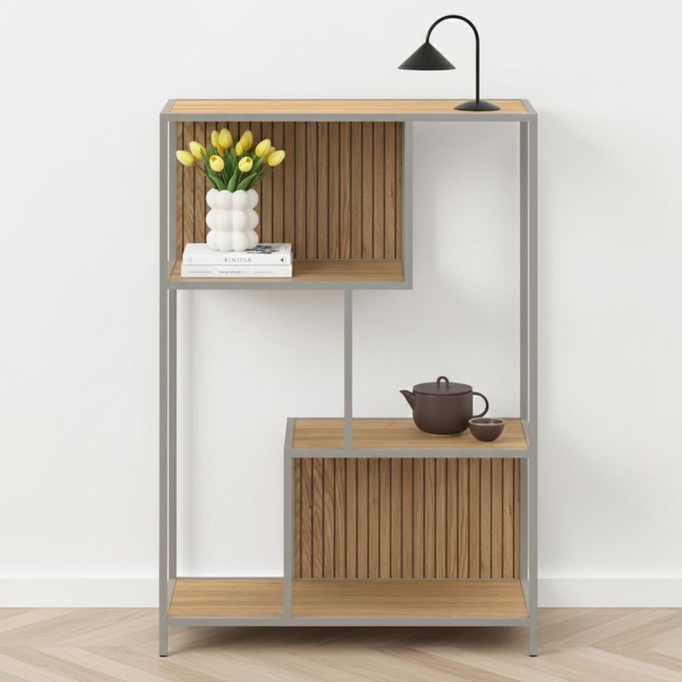 Seaford Shelving Unit - Slatted - Oak and Grey Metal