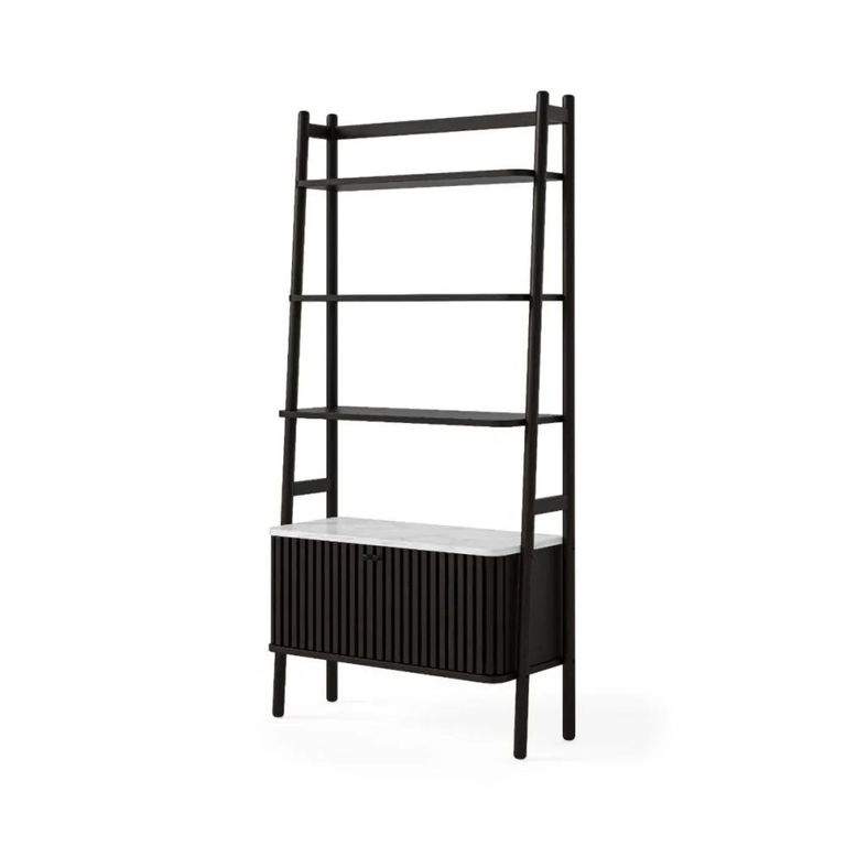 Soho Black Bookcase - 2 Door - Slatted - White Marble Top