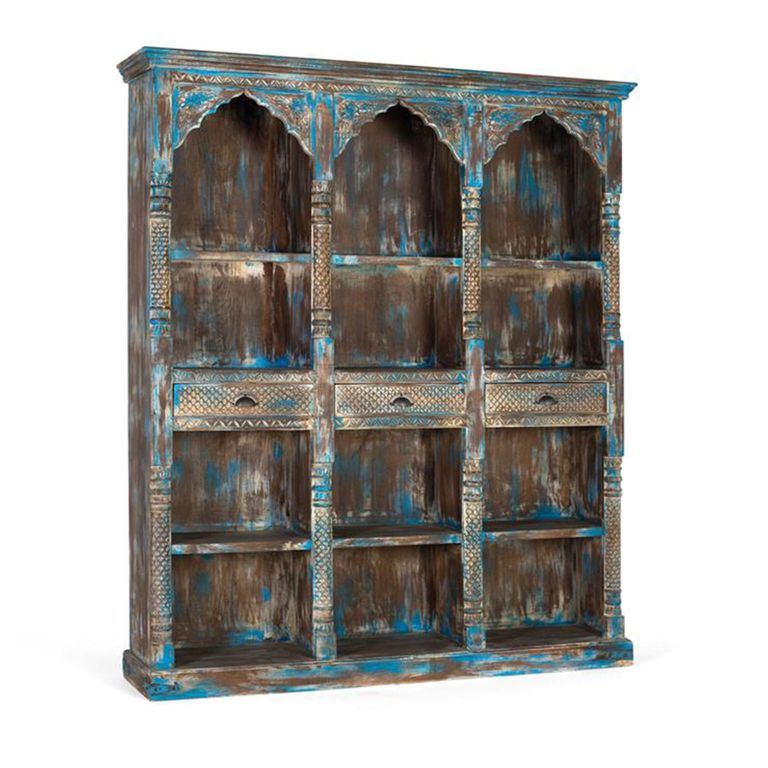 Sondrio Shelving Unit - Antique Blue - Carved Mango Wood - Large