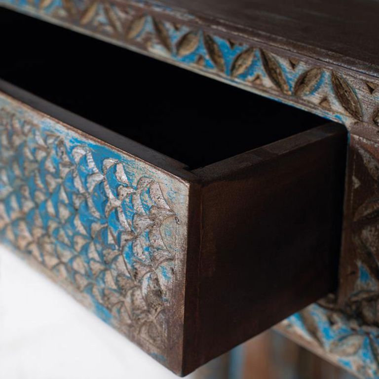 Sondrio Shelving Unit - Antique Blue - Carved Mango Wood