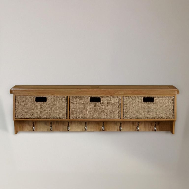 Janelle Wall Shelf - with Hooks and Baskets - Rustic Oak