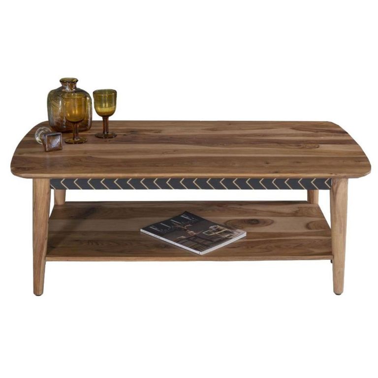 Clearance - Luxuria Sheesham Wood 115cm Coffee Table with Black Geometric Trim - Brand New Item