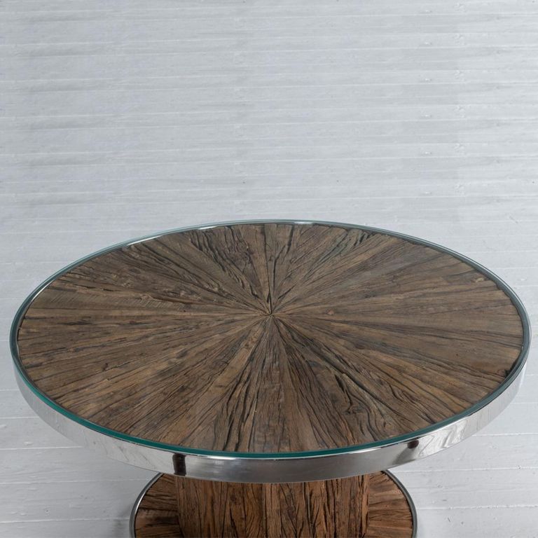 Clearance - Railway Sleeper Coffee Table with Glass Top, Round Column Base, Made from Reclaimed Wood and Steel Trim - Brand New Item