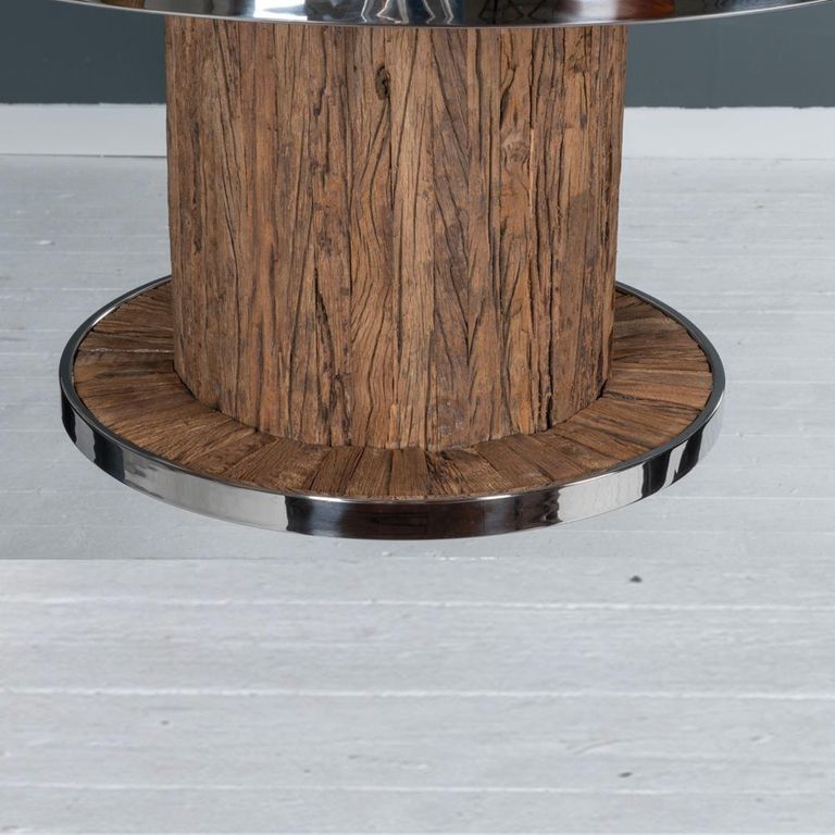 Clearance - Railway Sleeper Coffee Table with Glass Top, Round Column Base, Made from Reclaimed Wood and Steel Trim - Brand New Item