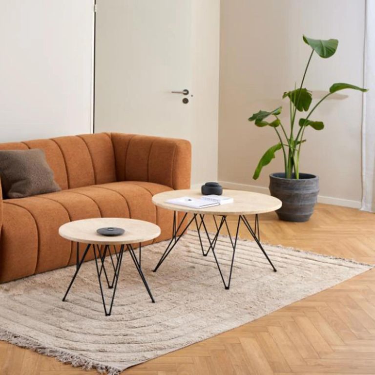 Prunus Coffee Table - Round - Beige Travertine Effect - with Black Hairpin Legs