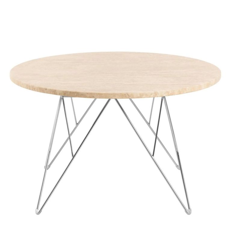 Prunus Coffee Table - Round - Beige Travertine Effect - with Chrome Hairpin Legs