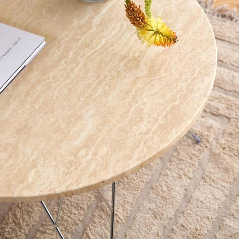 Prunus Coffee Table - Round - Beige Travertine Effect - with Chrome Hairpin Legs