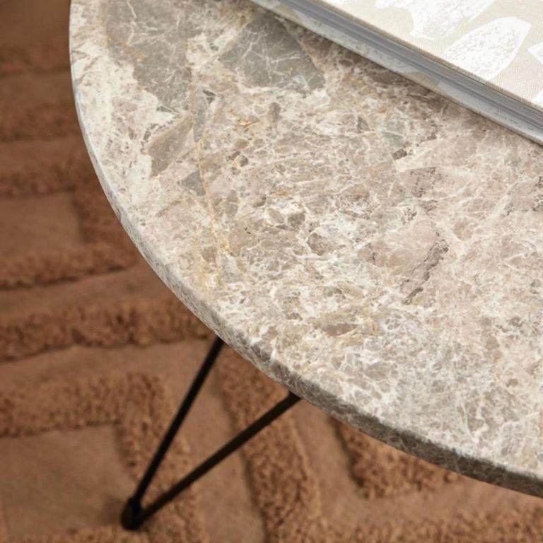 Prunus Coffee Table - Round - Brown Marble - with Black Hairpin Legs