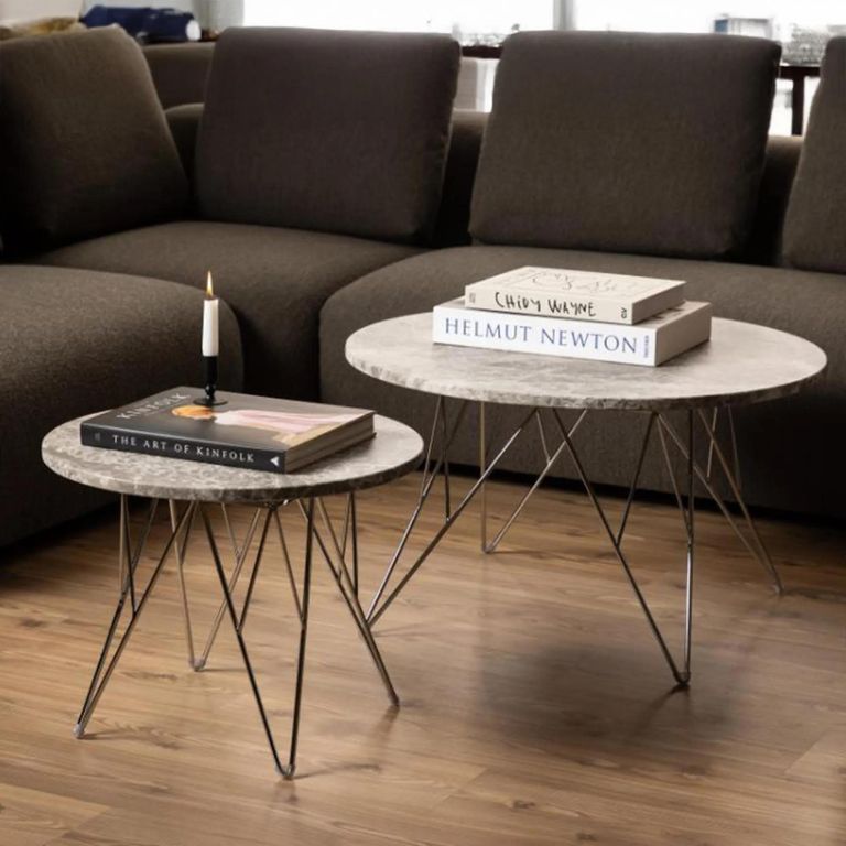 Prunus Coffee Table - Round - Brown Marble - with Chrome Hairpin Legs