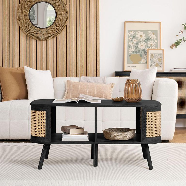 Noah Coffee Table - 110cm - Black and Rattan