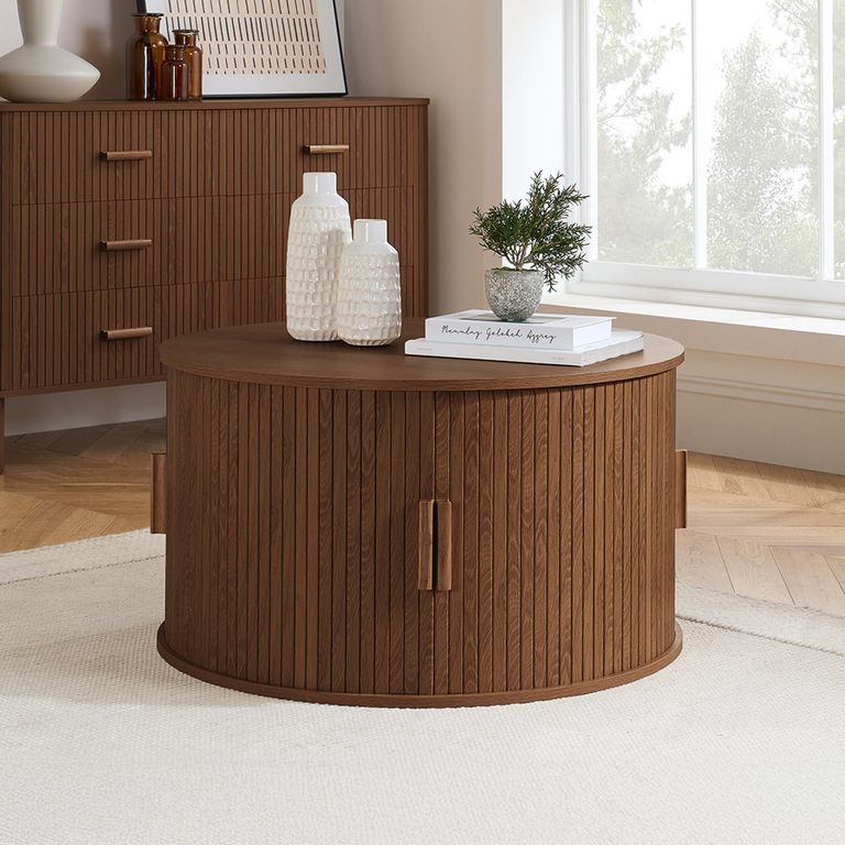 Axel Coffee Table - Round - 2 Door - Walnut Fluted