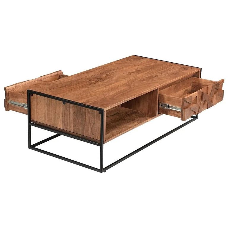 Axis Acacia Wood Coffee Table - 2 Drawer - Geometric