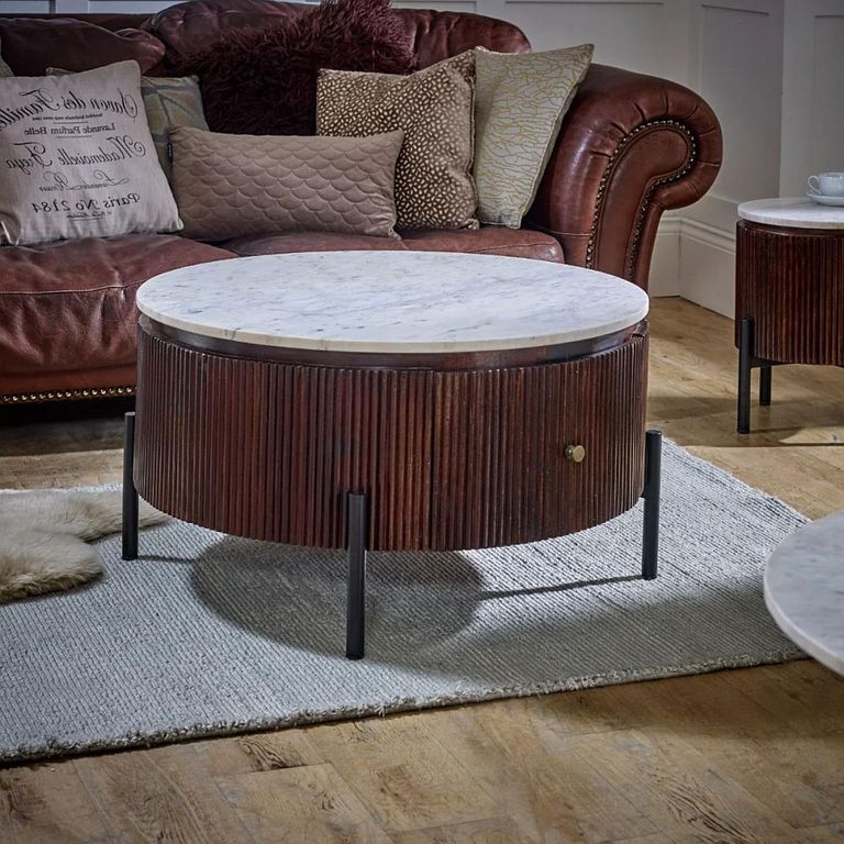 Opal Fluted Coffee Table - 1 Drawer - Round - White Marble Top - Mango Wood