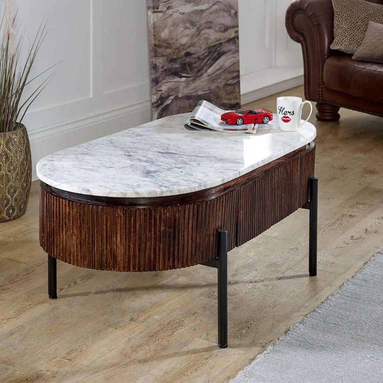 Opal Fluted Coffee Table - 2 Drawer - Oval - White Marble Top - Mango Wood