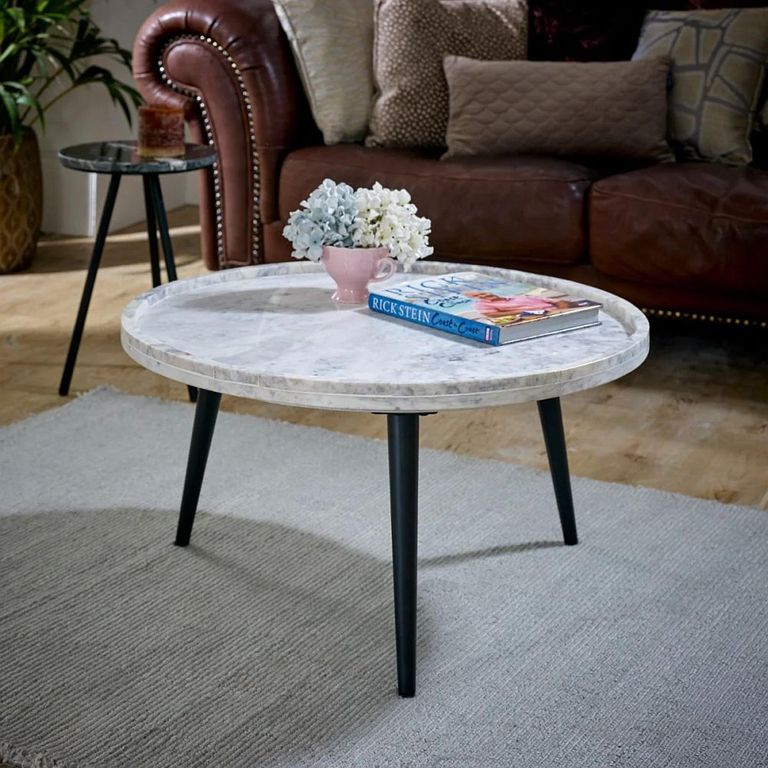 Opal Fluted Coffee Table - Round - White Marble Top - Mango Wood