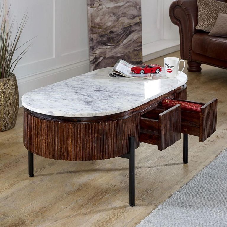 Opal Fluted Coffee Table - 2 Drawer - Oval - White Marble Top - Mango Wood