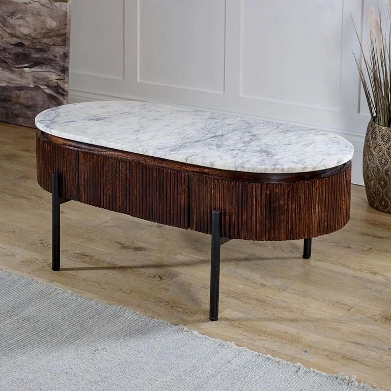Opal Fluted Coffee Table - 2 Drawer - Oval - White Marble Top - Mango Wood