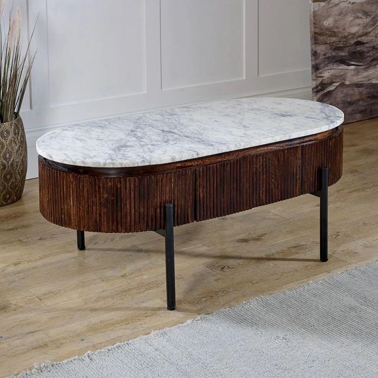 Opal Fluted Coffee Table - 2 Drawer - Oval - White Marble Top - Mango Wood
