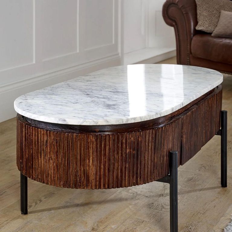 Opal Fluted Coffee Table - 2 Drawer - Oval - White Marble Top - Mango Wood