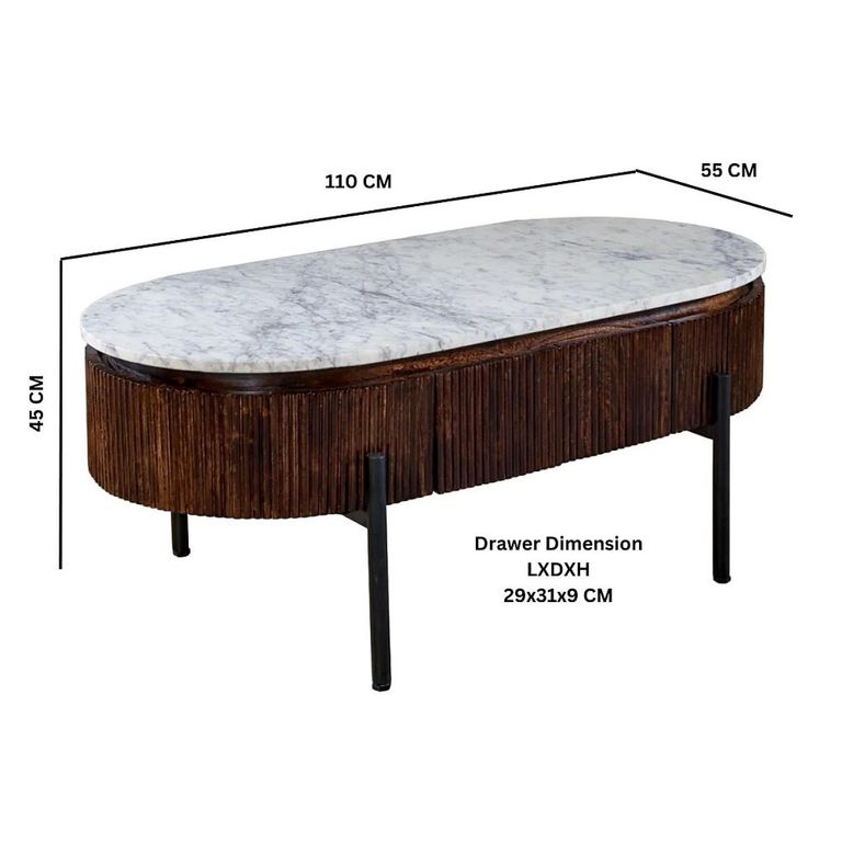 Opal Fluted Coffee Table - 2 Drawer - Oval - White Marble Top - Mango Wood