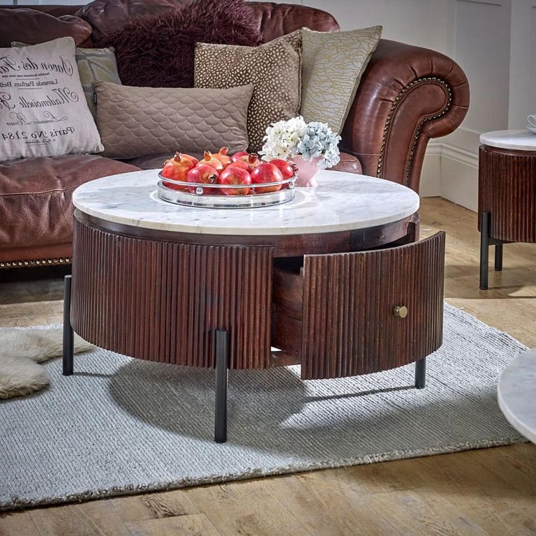 Opal Fluted Coffee Table - 1 Drawer - Round - White Marble Top - Mango Wood