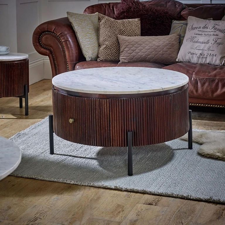Opal Fluted Coffee Table - 1 Drawer - Round - White Marble Top - Mango Wood
