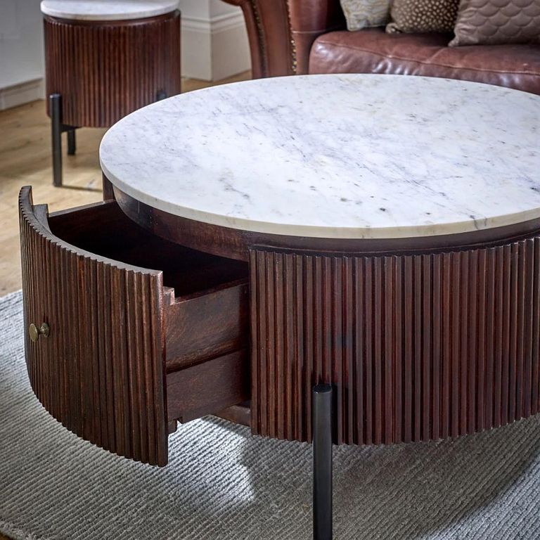 Opal Fluted Coffee Table - 1 Drawer - Round - White Marble Top - Mango Wood