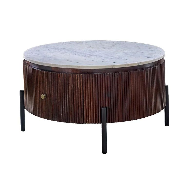 Opal Fluted Coffee Table - 1 Drawer - Round - White Marble Top - Mango Wood
