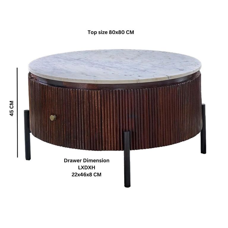Opal Fluted Coffee Table - 1 Drawer - Round - White Marble Top - Mango Wood
