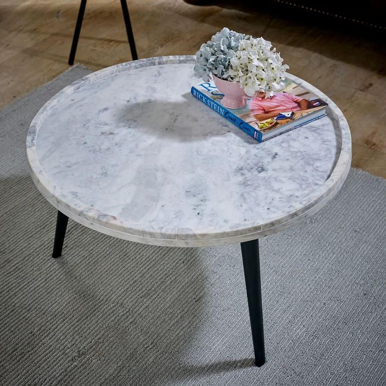 Opal Fluted Coffee Table - Round - White Marble Top - Mango Wood