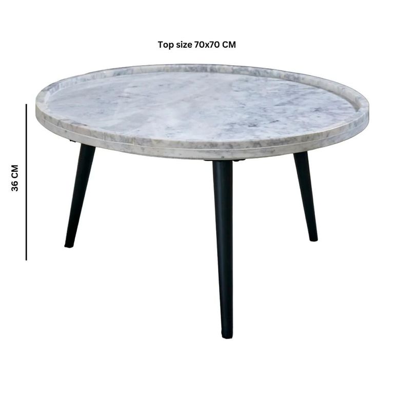 Opal Fluted Coffee Table - Round - White Marble Top - Mango Wood